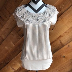 Free People Neutral Tan Embellished Short Sleeve Blouse Small